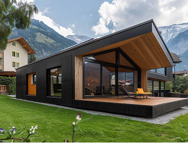 Modernes Haus mit dunkler Fassade und Holzterrasse vor Bergen