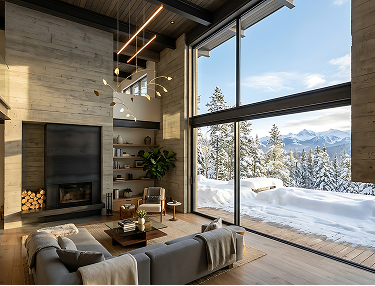 Wohnraum mit Kamin und großer Glasfront zur verschneiten Berglandschaft