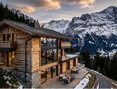 Holzchalet mit Terrassen vor schneebedeckten Gipfeln