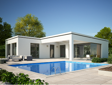 Weißer Flachdach-Bungalow mit Pool und großen Glasfronten