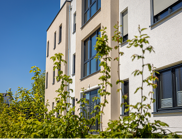 Helles Mehrfamilienhaus mit großen Fenstern hinter jungen Bäumen