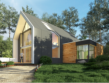 Modernes Haus mit Glasgiebel, dunkler Fassade und Holzanbau im Grünen