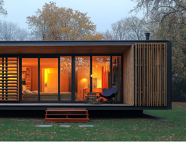 Tiny House mit Holzlamellen und beleuchteter Glasfront in der Abenddämmerung