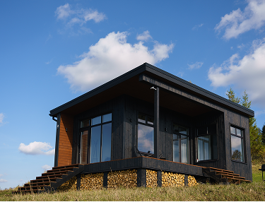 Dunkles Tiny House mit großen Fenstern auf einem Sockel aus gestapeltem Holz