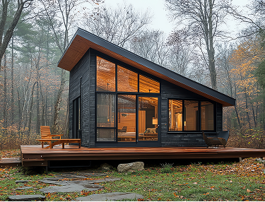 Dunkles Tiny House mit Pultdach und Holzterrasse im herbstlichen Wald