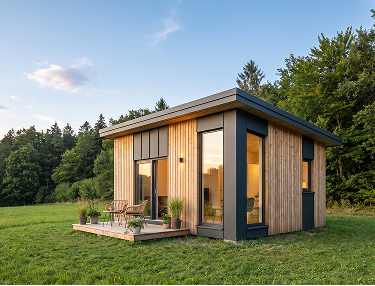 Kleines Holzhaus mit Terrasse auf einer Wiese am Waldrand