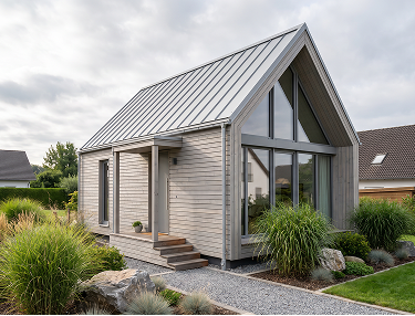 Hellgraues Tiny House mit Satteldach und Glasgiebel in einem Kiesgarten