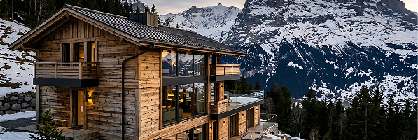 Chalet aus Altholz mit Balkonen vor verschneiten Bergen