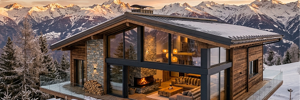 Modernes Chalet aus Holz, Stein und Glas in verschneiter Berglandschaft