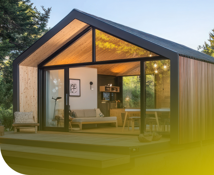 Modernes Tiny Haus aus Holz mit beleuchteter Glasfront in einem Waldgrundstück