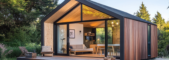 Modernes Tiny Haus aus Holz mit Satteldach und großer Glasfront im Grünen
